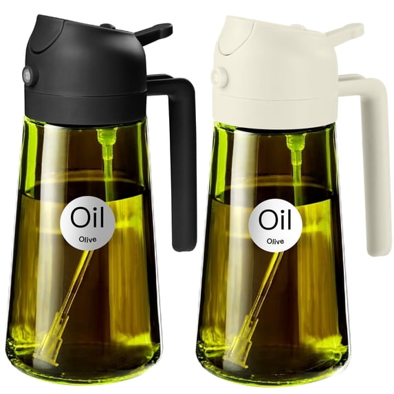 YARRAMATE 2-in-1 Olive Oil Sprayer & Dispenser with Stickers, 16oz Dark Glass Oil Bottle for Cooking, Black&White