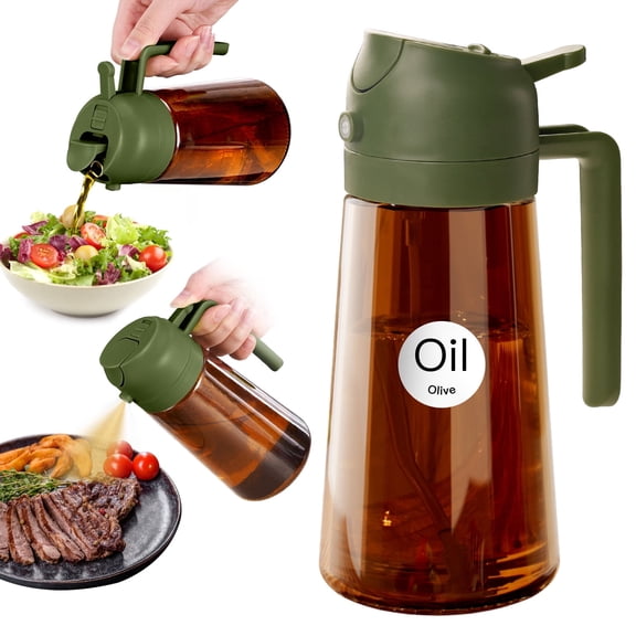 YARRAMATE 2-in-1 Olive Oil Sprayer & Dispenser with Stickers, 16oz Dark Glass Oil Bottle for Cooking, OliveGreen