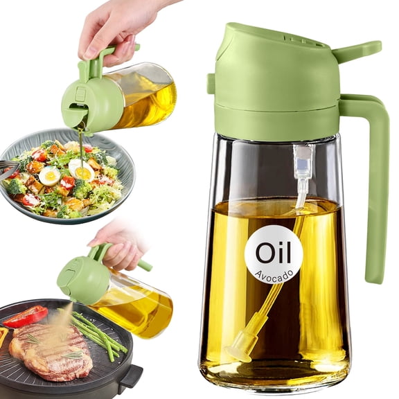 YARRAMATE 16oz/470ml Glass Olive Oil Sprayer for Cooking w/ Stickers, 2 in 1 Oil Spray Dispenser Bottle for Salad, Frying, BBQ (Green)