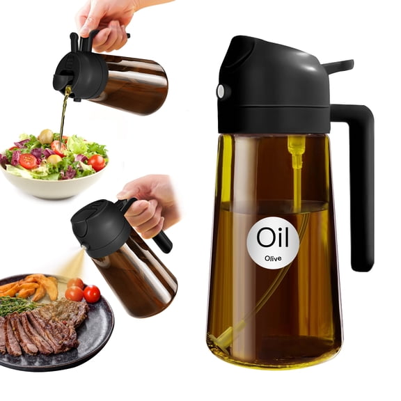 YARRAMATE 16oz/470ml Oil Sprayer for Cooking w/ Stickers, 2 in 1 Light Blocking Dark Amber Glass Olive Oil Dispenser Bottle for Air Fryer, BBQ (Black)