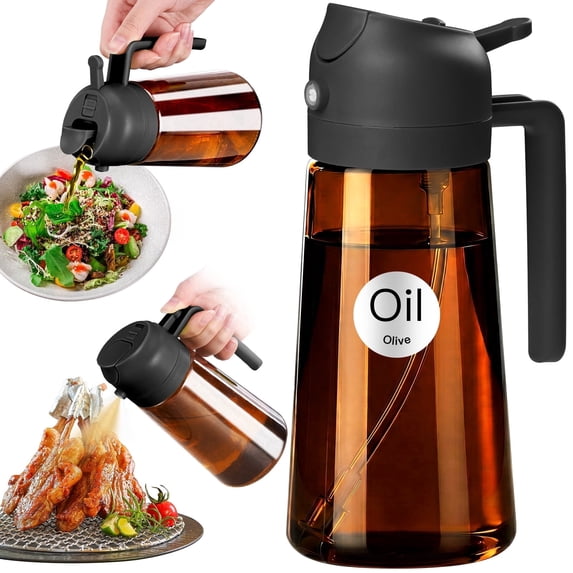YARRAMATE 2-in-1 Olive Oil Sprayer & Dispenser with Stickers, 16oz Dark Glass Oil Bottle for Cooking, Black