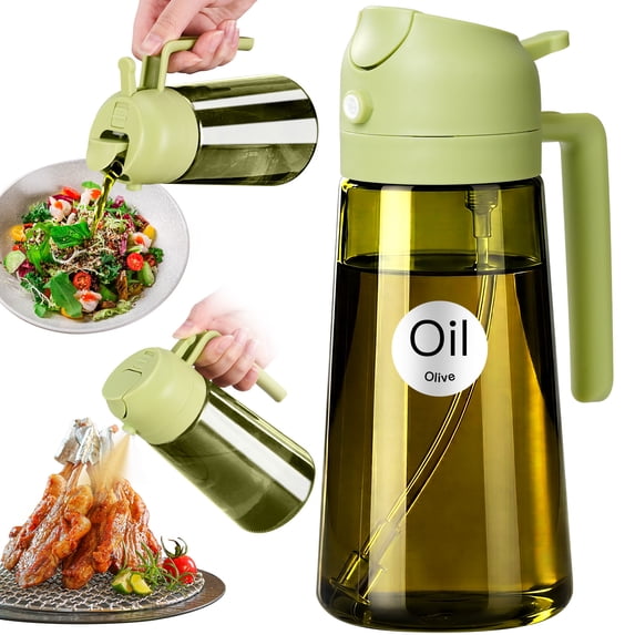 YARRAMATE 16oz/470ml Oil Sprayer for Cooking w/ Stickers, 2 in 1 Olive Oil Dispenser Bottle, Dark Green Glass Oil Bottle for Air Fryer, BBQ (Green)