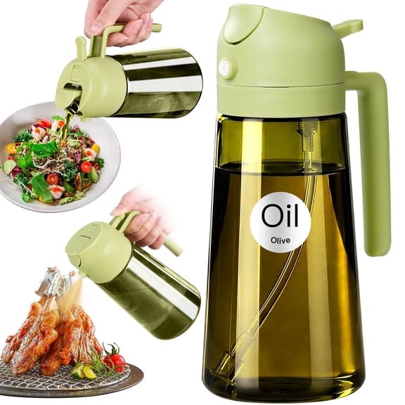 YARRAMATE 2-in-1 Olive Oil Sprayer & Dispenser with Stickers, 16oz Dark Glass Oil Bottle for Cooking, Green