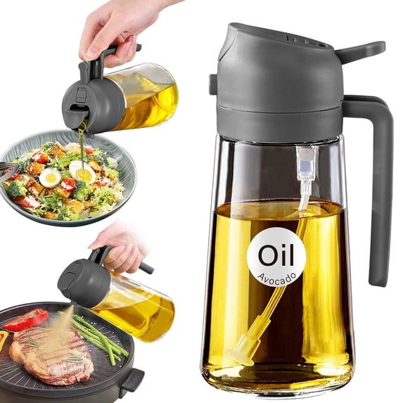 YARRAMATE 16oz Oil Sprayer for Cooking, 2 in 1 Olive Oil Dispenser Bottle with Stickers for Kitchen Gadgets, Grey