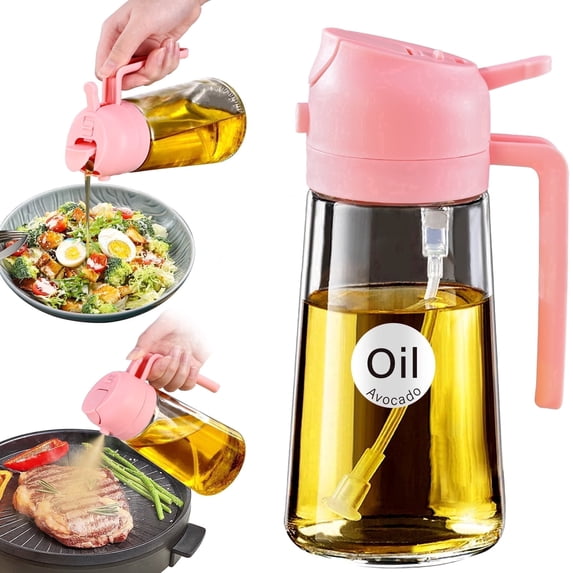 YARRAMATE 16oz Oil Sprayer for Cooking, 2 in 1 Olive Oil Dispenser Bottle with Stickers for Kitchen Gadgets, Pink