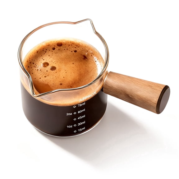 YARRAMATE 2.5 oz/75ML Espresso Cup with Wood Handle, Glass Espresso Accessory, Double-Spout Measuring Cup with Dual Scale, Espresso Shot Glass with V-Shaped Spout