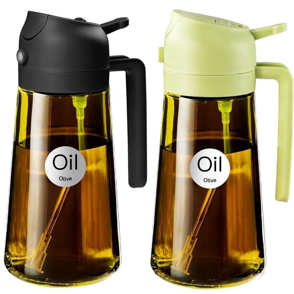 YARRAMATE 2-in-1 Olive Oil Sprayer & Dispenser with Stickers, 16oz Dark Glass Oil Bottle for Cooking, Black&Green