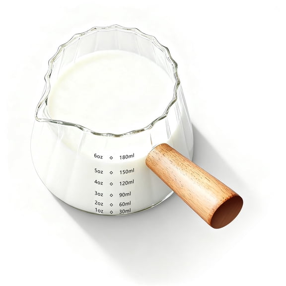 YARRAMATE 6 oz/180ML Glass Measuring Cup with Wooden Handle  Espresso Shot Cups, Ribbed Milk Frothing Pitcher, Dual Scale Markings, V-Shaped Mouth