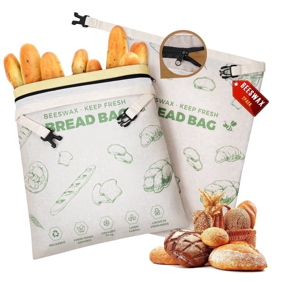 YARRAMATE Beeswax Bread Bags for Homemade Sourdough, Zipper Reusable Linen Food Storage Bags to Keep Loaf Fresh, Large Freezer Safe and Eco Friendly Bread Containers (Green, 17x13", 2 Pack)