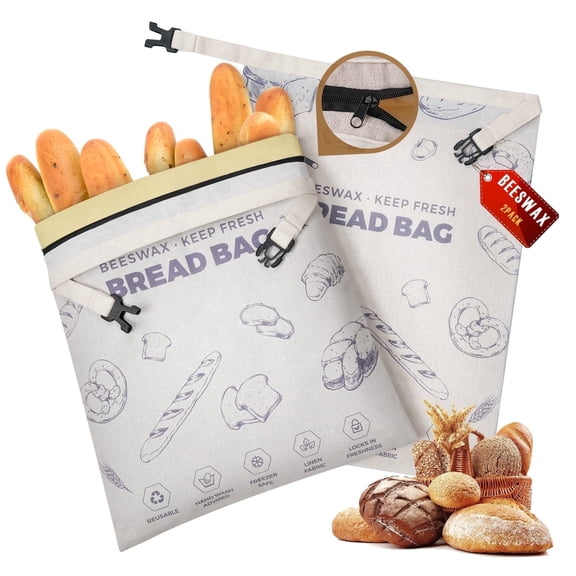 YARRAMATE Beeswax Bread Bags for Homemade Sourdough, Zipper Reusable Linen Food Storage Bags to Keep Loaf Fresh, Large Freezer Safe and Eco Friendly Bread Containers (Purple, 17x13", 2 Pack)