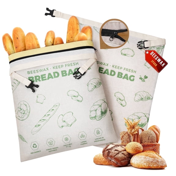 YARRAMATE Beeswax Bread Bags for Homemade Sourdough, Zipper Reusable Linen Food Storage Bags to Keep Loaf Fresh, Large Freezer Safe and Eco Friendly Bread Containers (Green, 17x13", 2 Pack)