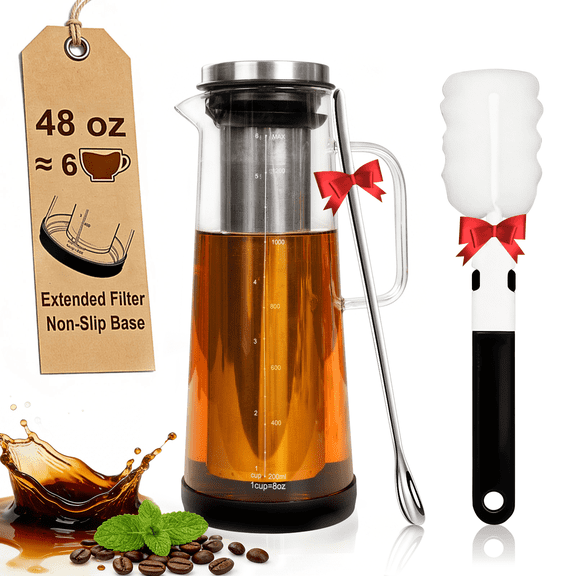 Cold Brew Coffee Maker 1.4L/48oz with Handle, Extended Stainless Steel Filter for Deep Extraction, Iced Tea Pitcher with Non-Slip Base Includes Cleaning Brush & Long Stirring Spoon