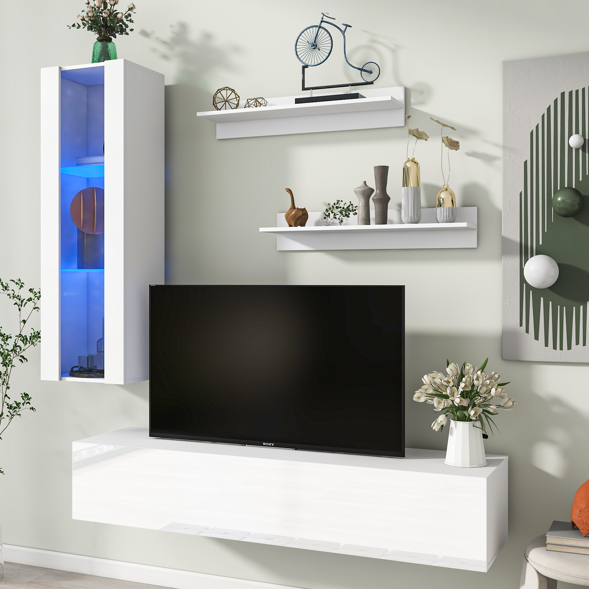 YASBED Wall Mount Floating TV Stand with Storage Gloss Entertainment Center with RGB