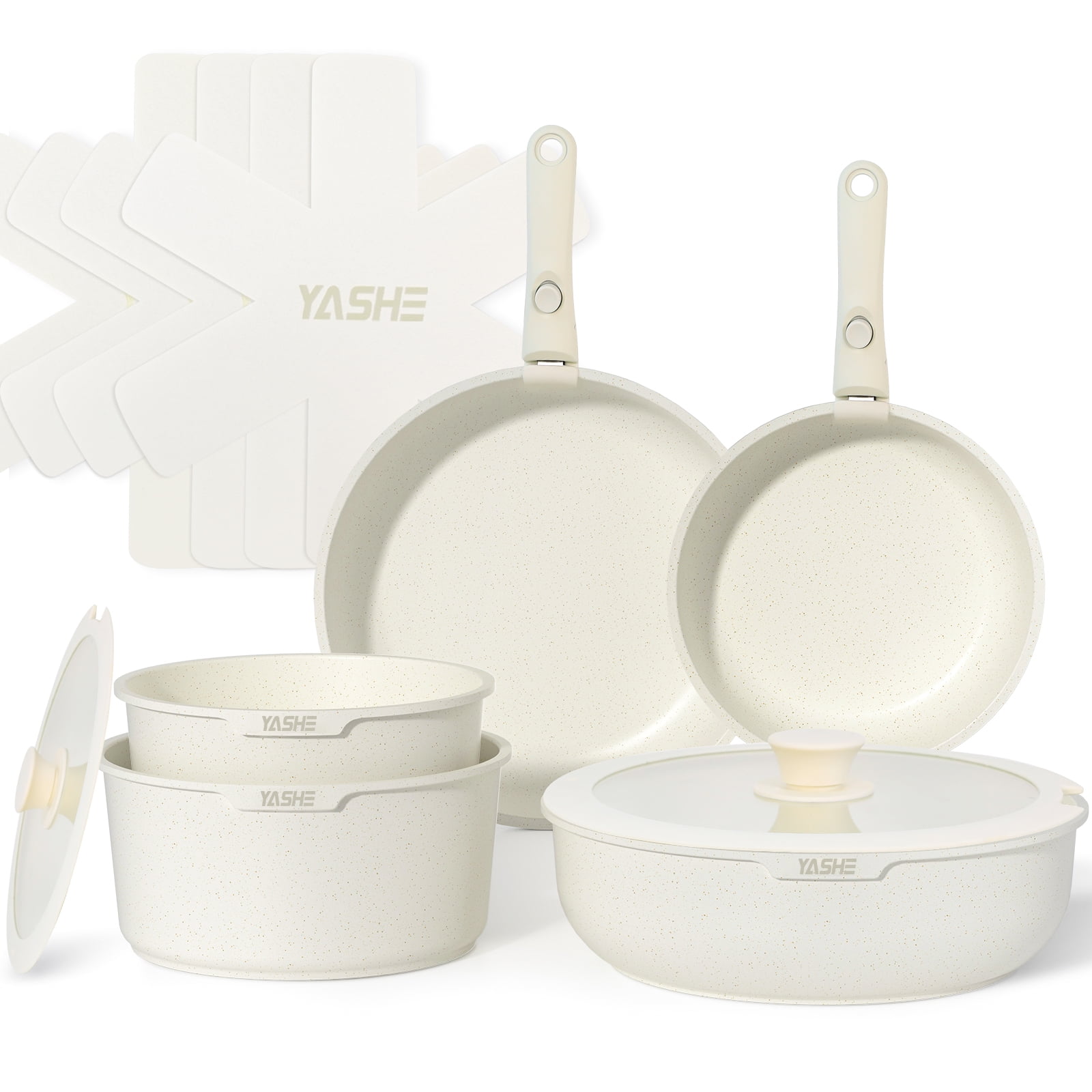 13-Piece Off-White Nonstick Ceramic Cookware Set with Detachable Handle