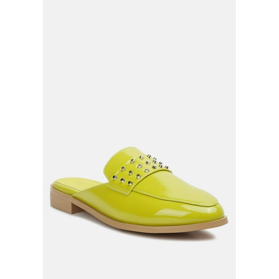 YASHTA Lime Green Patent Studded Flat Mules