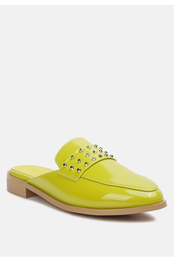 YASHTA Lime Green Patent Studded Flat Mules