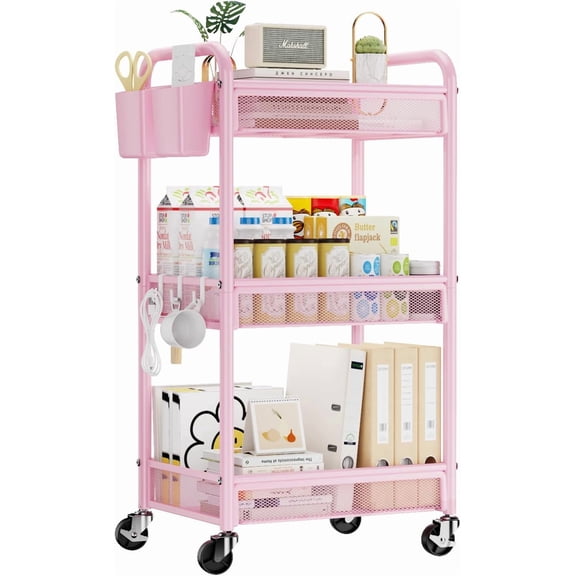 YASONIC 3 Tier Rolling Cart – Metal Utility Storage Carts with Wheels, Craft Cart Organizer with Hanging Cups, Hooks, Mesh Basket for Bedside Kitchen Office Art, Black