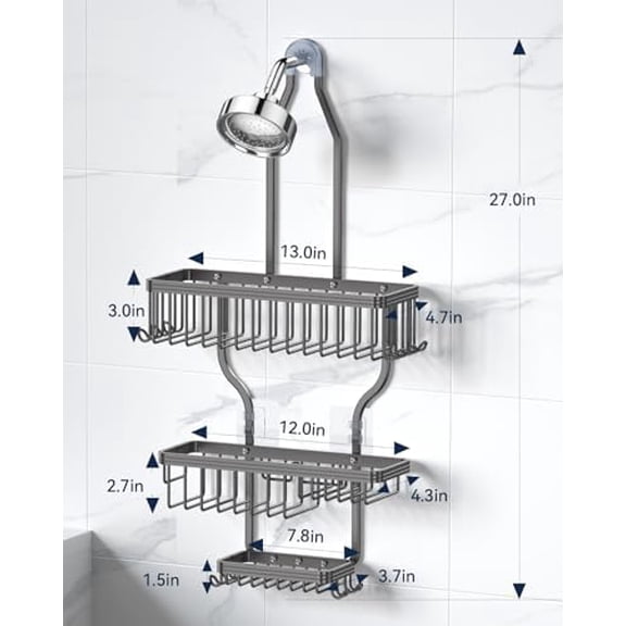 YASONIC Shower Caddy Hanging - Never Rust Organizer - Aluminum over The head caddy with 10 Hooks for Razor/Sponge - Shower Rack with Soap Basket - Grey