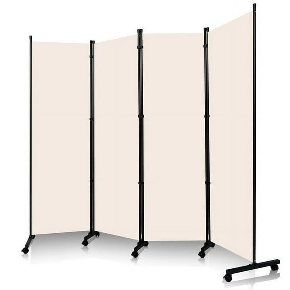 YASRKML 6FT 4 Panel Rolling Room Divider, Self-lockable Room Dividers and Folding Privacy Screens with Wheels, Partition Privacy Screens , Portable Wall Divider for Room Separation, Beige