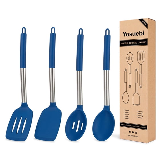 YASUEBI Kitchen Utensils Silicone Cooking Utensils Set for Nonstick Cookware Silicone Cooking Kitchen Utensils Set Perfect for Baking and Mixing Spatula Set BPA Free Dishwasher Safe Blue 4 Pack A101