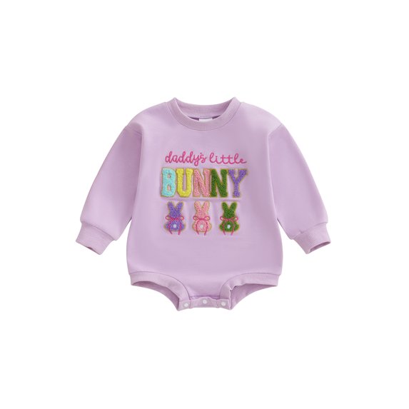 YASUTNKS Baby Girl Easter Romper Long Sleeve Crew Neck Bunny Letter Embroidery Bodysuit Newborn Outfit