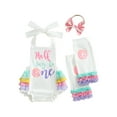 thumbnail image 1 of YASUTNKS Baby Girls Birthday Clothes Sleeveless Letter Donut Print Romper with Bow Headband and Leg Warmers, 1 of 9
