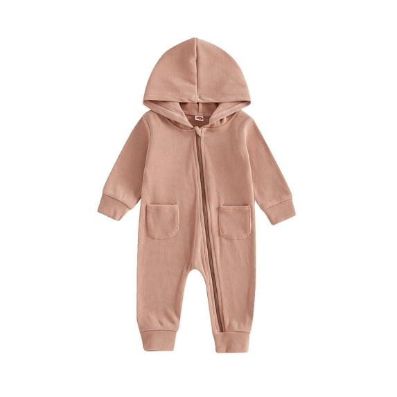 YASUTNKS Baby Girls Boys Autumn Jumpsuit Long Sleeve Hooded Solid Color Casual Oblique Zipper Romper