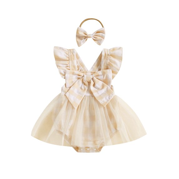 YASUTNKS Baby Girls Rompers Dress Plaid Bowknot Fly Sleeve Mesh Skirt Hem Jumpsuits Summer Clothes Bodysuits with Headband