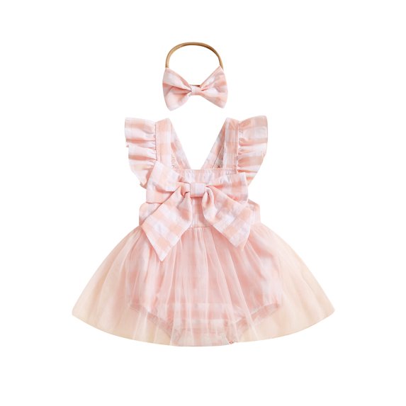 YASUTNKS Baby Girls Rompers Dress Plaid Bowknot Fly Sleeve Mesh Skirt Hem Jumpsuits Summer Clothes Bodysuits with Headband
