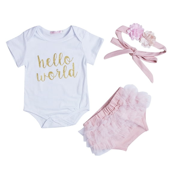 YASUTNKS Newborn Baby Girls Outfit Hello World Short Sleeves Romper +Ruffle Tutu Shorts +Headband Set Coming Home Hospital Clothes