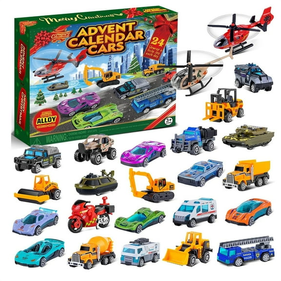 YATAV 2025 Advent Calendar Cars,24 Days Christmas Countdown Calendar Pull Back Cars Set Racing Car Excavator Helicopter,Christmas Gift
