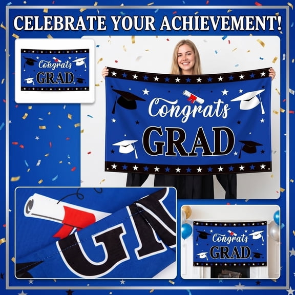YATAV Graduation Party Decorations - Congrats Grad Class of 2026 Backdrop Banner Large Sign Wall Decorations Photography Background Party Supplies for 2026 Graduation Party Decorations(Blue)