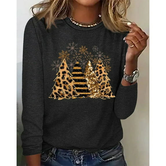 YATELLE Christmas Tree & Snowflake Print Round Neck Long Sleeve Women T-Shirt