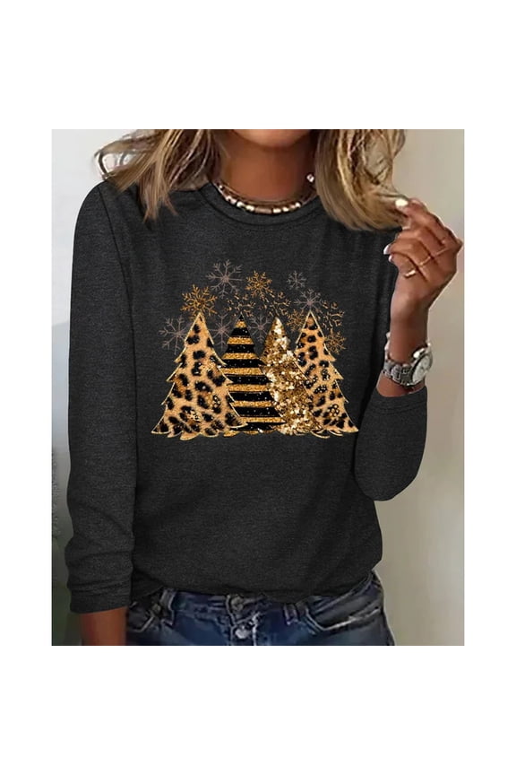Christmas Tree & Snowflake Print Round Neck Long Sleeve Women T-Shirt