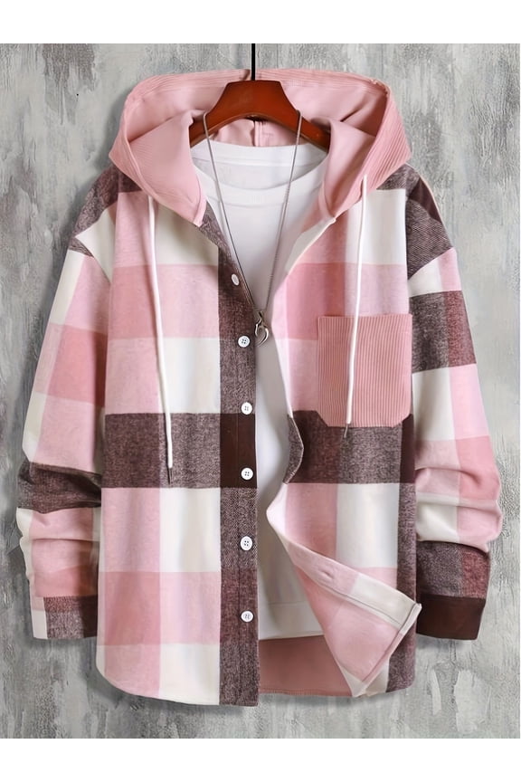 Manfinity Homme Men Plaid Print Drawstring Hooded Shacket Without Tee