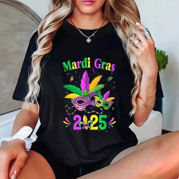 YATELLE Mardi Gras party mask print short sleeve T-shirt funny cartoon crew neck top
