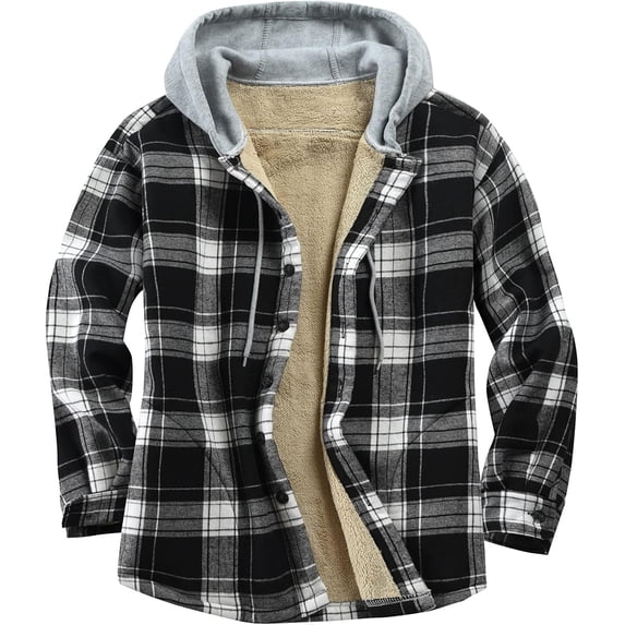 YATELLE Men's Cotton Plaid Shirts Jacket Fleece Lined Flannel Shirts Sherpa Button Down Jackets with Hood for Men