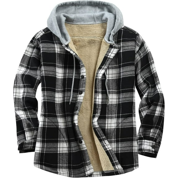 YATELLE Men's Cotton Plaid Shirts Jacket Fleece Lined Flannel Shirts Sherpa Button Down Jackets with Hood for Men