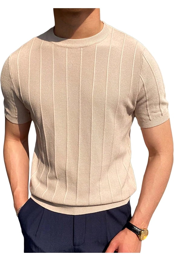 Men's Textured Ribbed Knit Short Sleeve Round Neck Tee Shirts Solid Casual Top