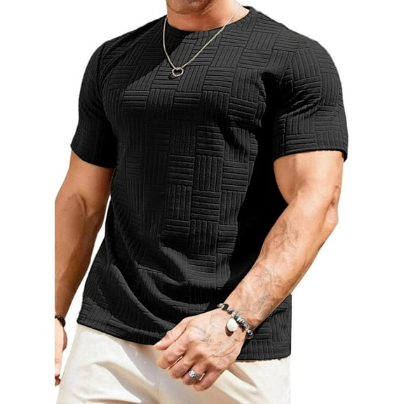 YATELLE Mens T-Shirt Casual Stretch Solid Crewneck Short Sleeve Tees Textured Shirts