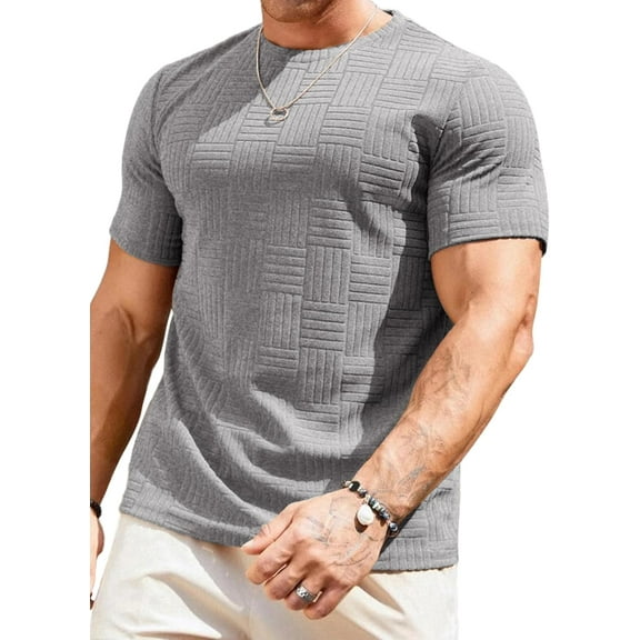 YATELLE Mens T-Shirt Casual Stretch Solid Crewneck Short Sleeve Tees Textured Shirts