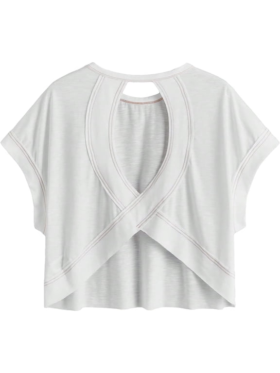 Open Back Tops for Women Criss Cross Cut Out Tee Backless Casual Short Sleeve Round Neck T Shirt