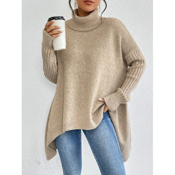 YATELLE Sweater Pullover Tops for Women's High Neck Asymmetrical Hem Drop Shoulder Sweater