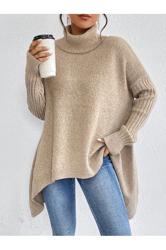 Sweater Pullover Tops for Women's High Neck Asymmetrical Hem Drop Shoulder Sweater