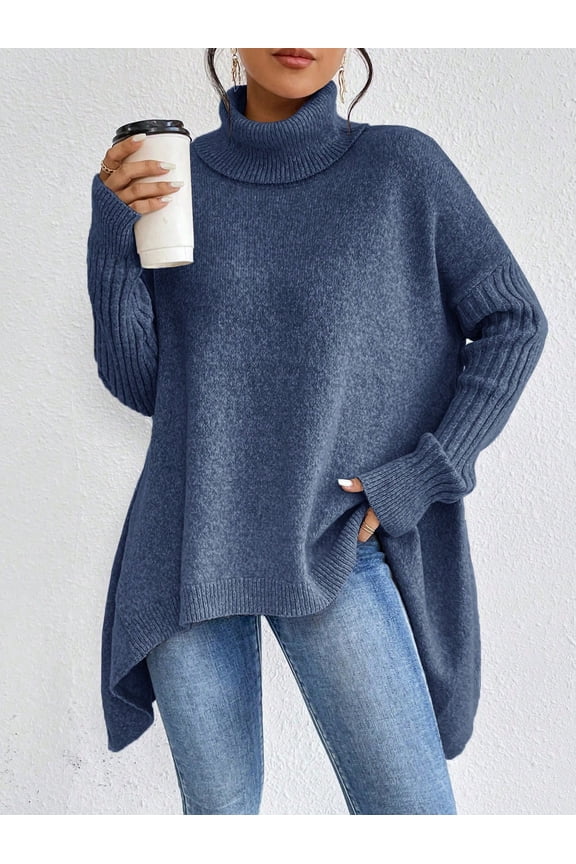 Sweater Pullover Tops for Women's High Neck Asymmetrical Hem Drop Shoulder Sweater