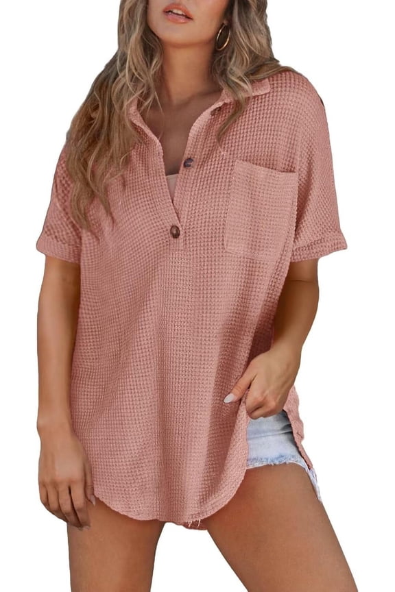 Women Waffle Knit Tops Henley Shirts Short Sleeve V Neck Solid Color Casual Tunic