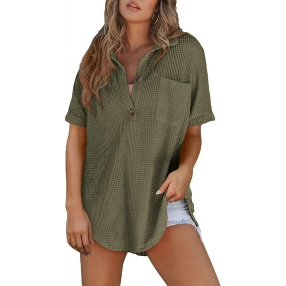 YATELLE Women Waffle Knit Tops Henley Shirts Short Sleeve V Neck Solid Color Casual Tunic