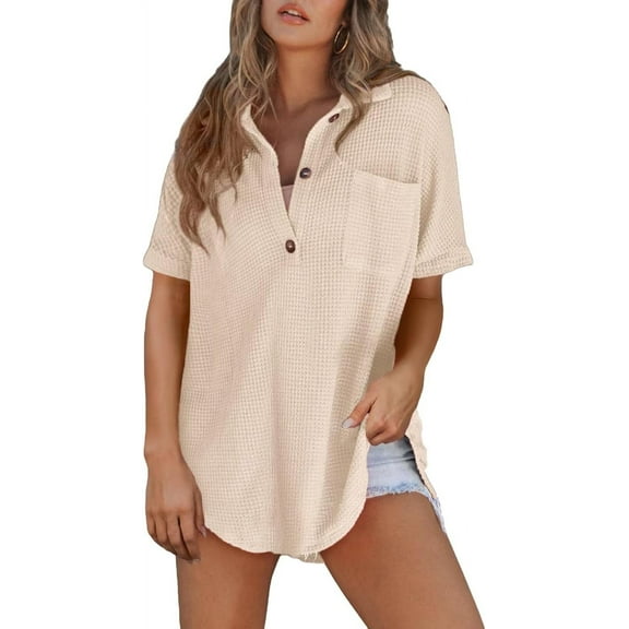 YATELLE Women Waffle Knit Tops Henley Shirts Short Sleeve V Neck Solid Color Casual Tunic