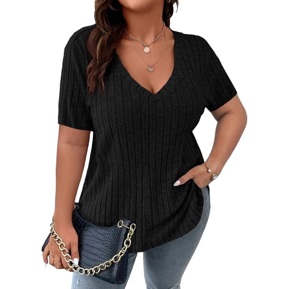 YATELLE Women's Plus Size Casual Tops V Neck Solid Color Shirts Lightweight Short Sleeve Blouses