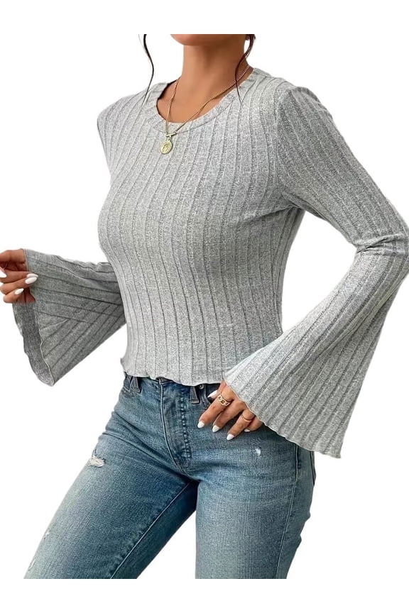 Women's Ribbed Knit Textured Fitted Tee Flare Sleeve Round Neck Solid T Shirt
